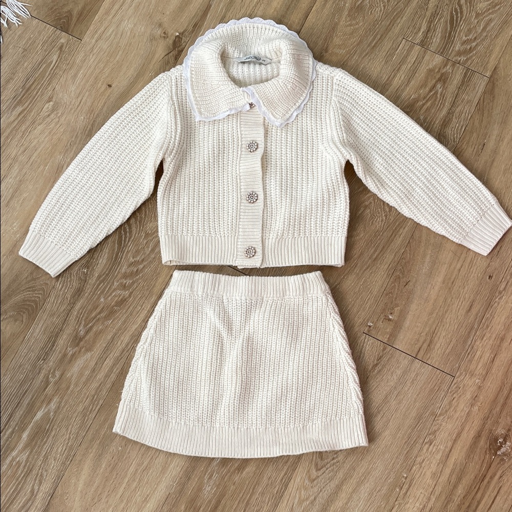 Cream Knit Two-Piece Set Skirt & Button Up Sweater Girls 4 Years